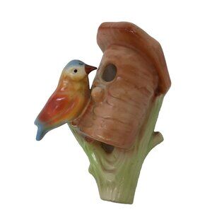 Vintage Czechoslovakia Bird On Birdhouse Wall Pocket Ceramic Colorful Vase